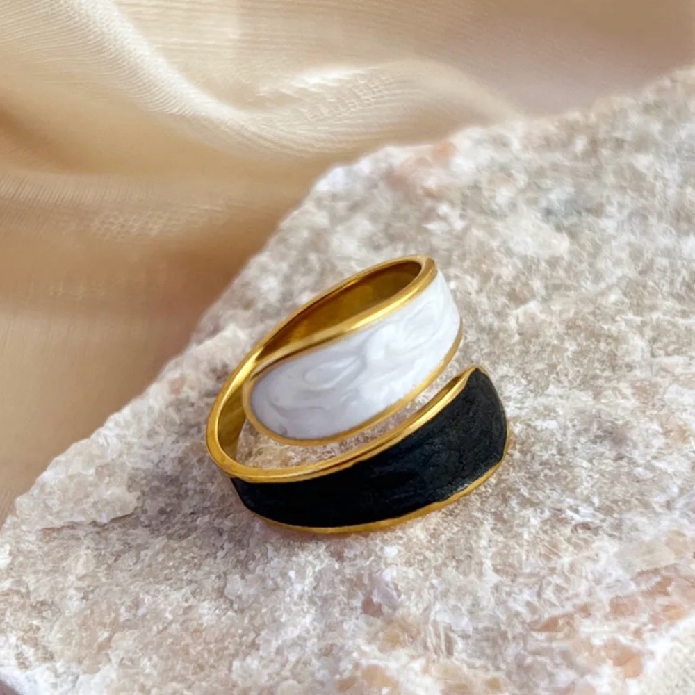 Gold PVD Coated Stainless Steel Black & White Adjustable Ring ✨